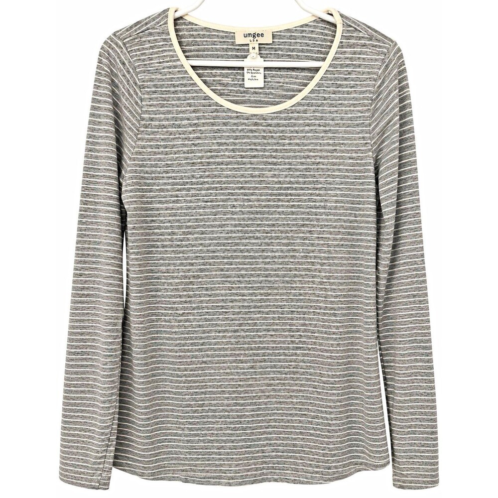 NWT Umgee Women’s M Gray White Striped Long Sleeve Knit Top Elbow Patch